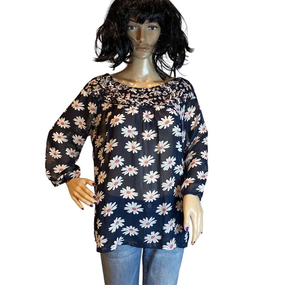 Umgee Semi-Sheer Floral Daisies Print 3/4 Sleeve Blouse Top Shirt Sz Medium EUC